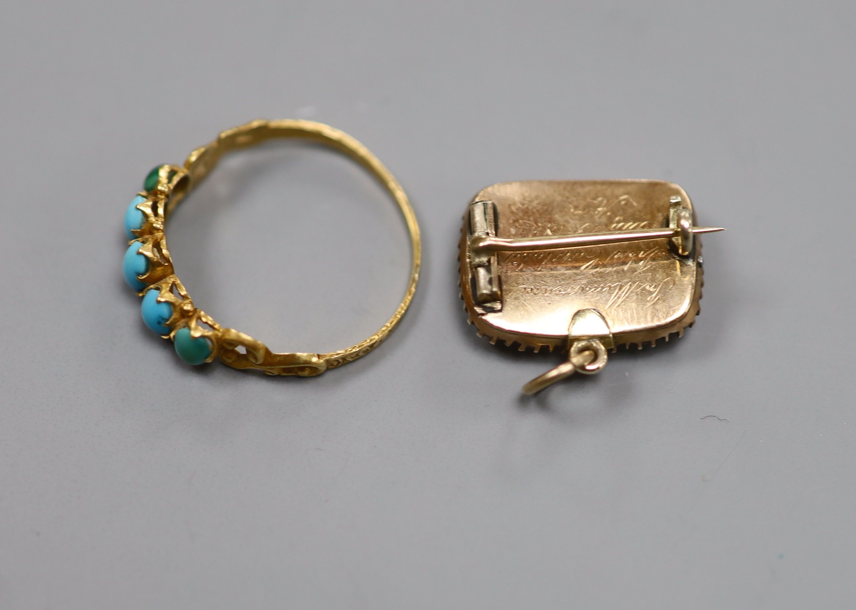 A Victorian yellow metal and seed pearl set mourning brooch, 18mm and a yellow metal and turquoise set half hoop ring